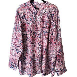 Talbots Top NEW 3X Red White Blue Paisley Button Up Shirt 100% Cotton Oxford